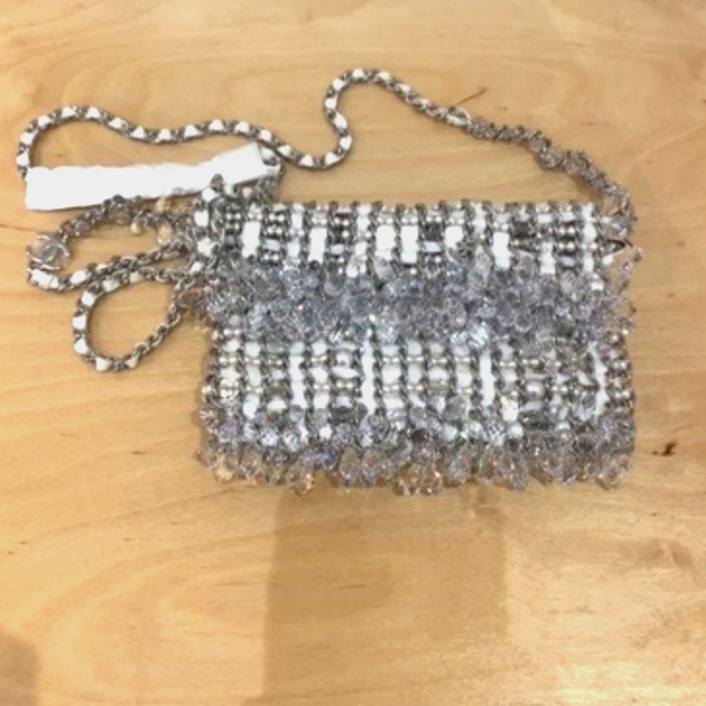 CHANEL White Beaded Crystal Bag